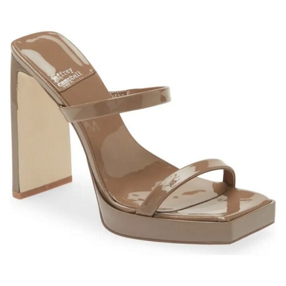 💕JEFFREY CAMPBELL💕 Hustler Platform Sandal Heels Taupe Patent Leather 7.5 NWOT - Picture 2 of 14